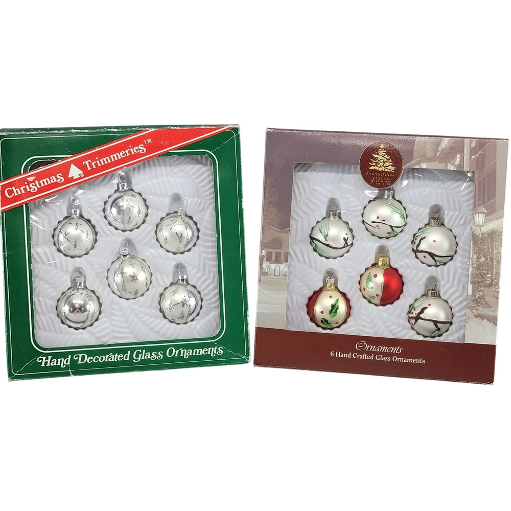 Christmas Trimmeries Enchanted Forest Glass Ornaments White Red Silver 12pc